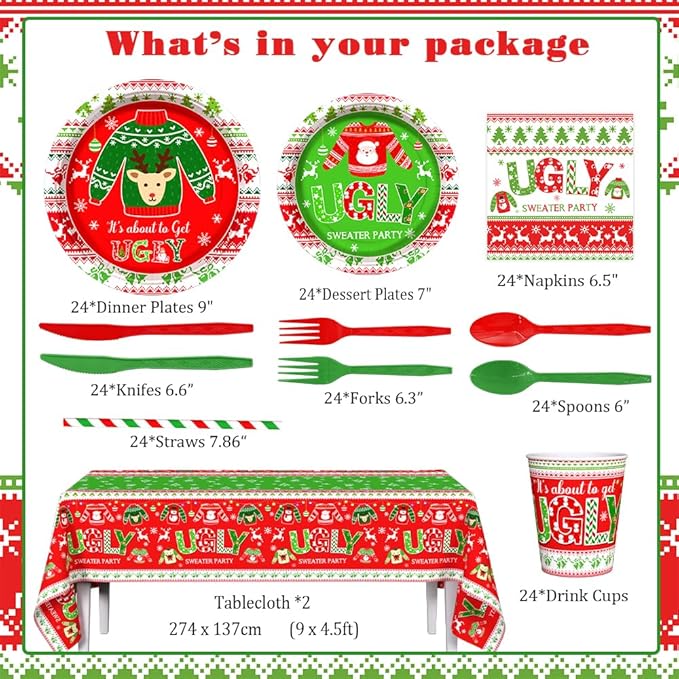 194pcs Christmas Ugly Sweater Decorations Xmas Disposable Dinnerware Set with Includes Plates, Cup, Napkin, Tablecloth, Tableware, New Year Ugly Sweater Party Supplies Plates Serve 24 Guests
