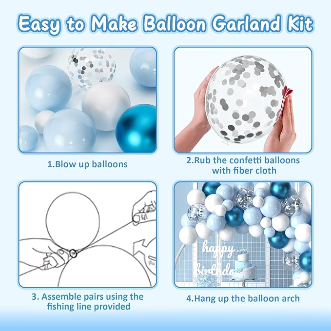Blue Balloon Arch Kit Garland, Baby Blue Balloons White Silver Confetti Balloons for Boy Baby Shower Decorations Birthday Gender Reveal Bridal Shower Wedding Graduation Ocean Party Decorations
