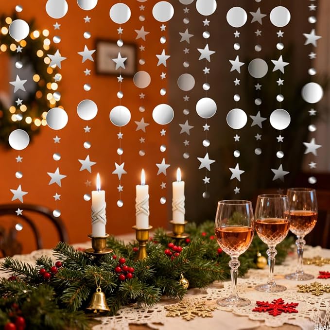 Glitter Star Garlands Decorations, 52 Feet Star Paper Garland Banner, Circle Dot Star Hanging Streamers for Valentine's Day Wedding Anniversary Ramadan Birthday Graduation Party Supplies Decorations