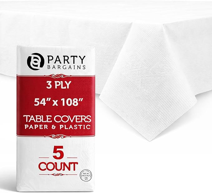 PARTY BARGAINS Disposable Table Covers, 54 x 108 Inch, White, 3-Ply Paper & Plastic Spill-Resistant Party Tablecloths, 5 Pack