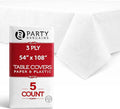 PARTY BARGAINS Disposable Table Covers, 54 x 108 Inch, White, 3-Ply Paper & Plastic Spill-Resistant Party Tablecloths, 5 Pack