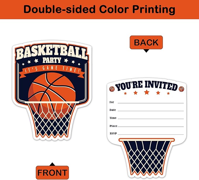 REWIDPARTY Basketball Party Invitations with Envelopes & Stickers（Set of 15） Basketball Birthday Party Shaped Fill-in Invitations Basketball Game Invite Card Basketball Party Supplies for Kids Adults