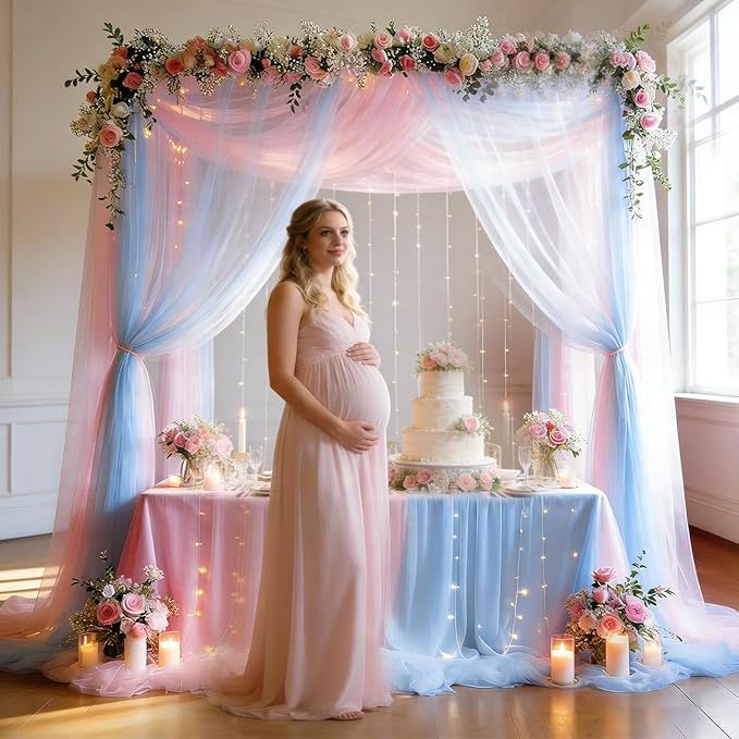 Pink Blue Sheer Backdrop Curtains with Lights String for Baby Shower Decor 10×8FT Backdrop Curtain for Parties Boy or Girl Birthday Party Wedding Gender Reveal Baby Shower Decoration (2 Panels 4×10ft)