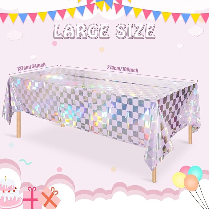 1Pack Iridescent Checkered and Purple Plastic Tablecloths Shiny Disposable Laser Rectangle Table Covers Holographic Foil Tablecloth Iridescent Party Decorations Birthday Bridal Baby Shower, 54x108Inch