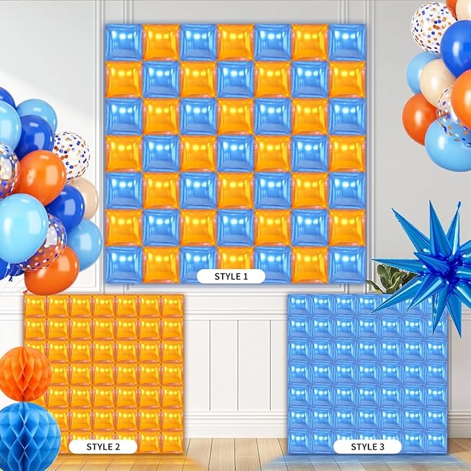 50PCS Blue and Orange Square Foil Balloons Wall, Double Sided Chrome Deep Blue and Orange Garland Kit, Reusable DIY Mylar Balloon Arch for Anniversary Birthday Engagement Party Background Decor