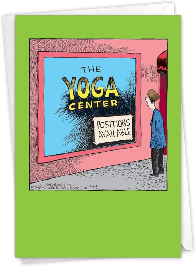 NobleWorks - 1 Humor Birthday Card with Envelope - Funny Cartoons for Birthday Greetings, Celebration Notecard - Yoga Center C6363BDG