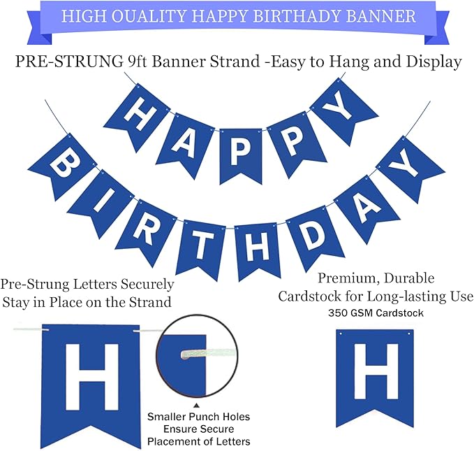 Blue Birthday Decorations,Blue and White Happy Birthday Banner with Honeycomb-Style Decorative Balls,Feet Circle Dot Garland,Stars Swirls Streamers,Blue Birthday Decorations for Men Women Boys Girls