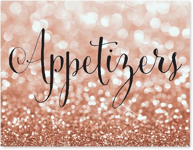 Andaz Press Wedding Party Signs, Glitzy Rose Gold Glitter, 8.5x11-inch, Appetizers Table Sign, 1-Pack, Bokeh Colored Party Supplies