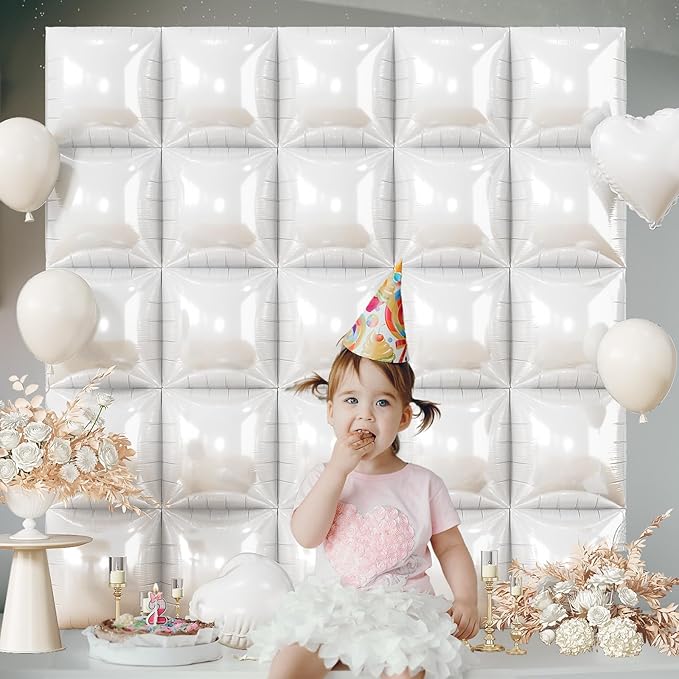 White Square Foil Balloons Wall, 25PCS Double Sided Pearl White Balloons Backdrop Wall Tunnel Arch Kit Background Decorations for Girl Women Birthday Wedding Baby Shower Bridal Engagement Heaven Party