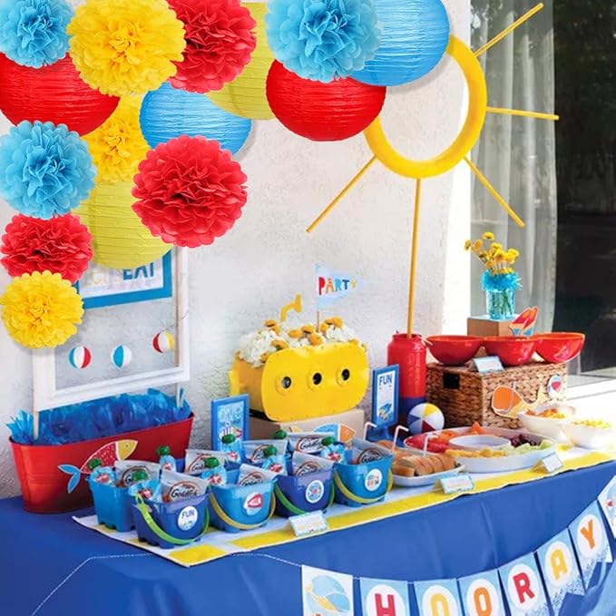Carnival Circus Party Decorations, Red Yellow Blue Paper Lanterns and Pom Poms Flowers for Birthday Baby Showers Carnival Theme Rainbow Party Decor 15 Pieces