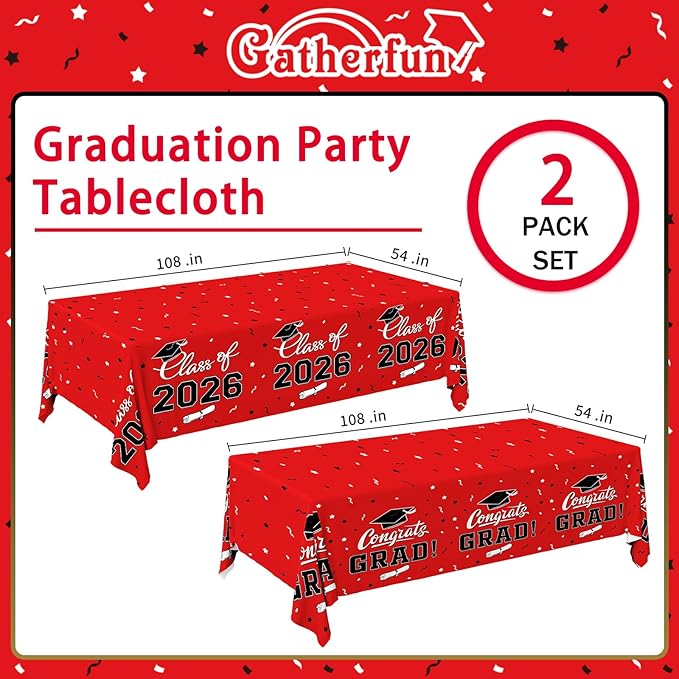 Gatherfun 2026 Graduation Decorations : 2-Pack Congrats Grad Disposable Tablecovers - Class of 2026 Red Themed Table Cloths, for Graduation Party Supplies & Graduation Backdrop, 54" X 108"