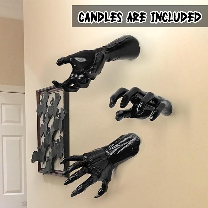 DAZONGE Halloween Decorations, Pack of 6 Wall Mounted Creepy Reaching Hands with Lighted Candles, Life-Sized Horror Hands for Gothic Wall Decorations, Scary Halloween Decorations Indoor