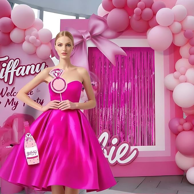 2 Pack Hot Pink Backdrop Party Decorations Tinsel Foil Fringe Curtain Backdrop Streamer Photo Booth for Wonmen Girl Pink Theme Princess Bachelorette Graduation Birthday Party Decorations