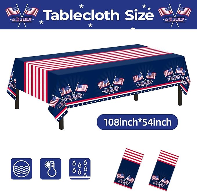 Childom 2 Pack Patriotic Tablecloth,Patriotic Decorations 54" x 108" Disposable American Flag Tablecloth,Plastic Table Cover for Veterans Day Decorations,Fourth of July,Camping,Picnic,Party Supplies