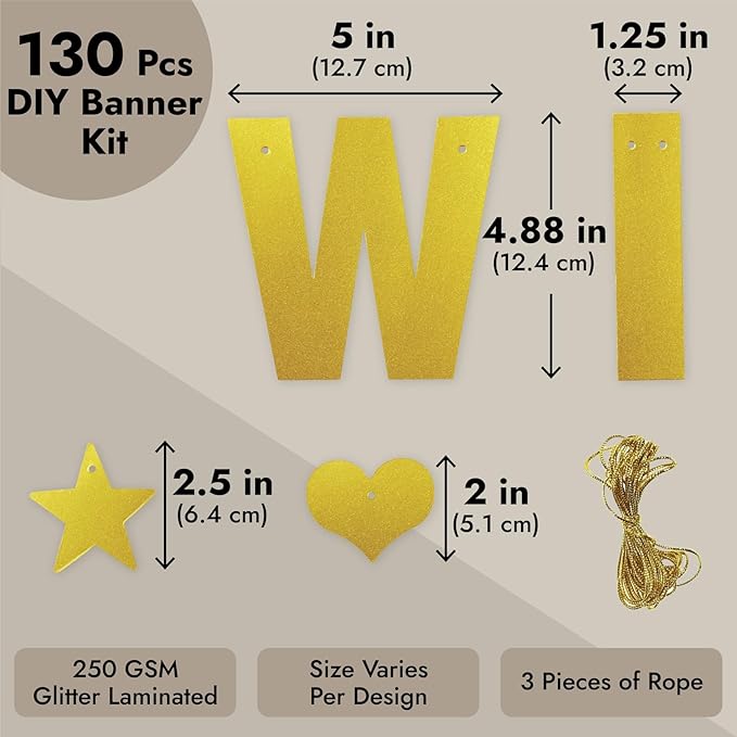 Make Your Own Banner Kit - 130-Piece, Gold Glitter, 5-Inch Characters - DIY Banner Kit with Glitter String Letters for Birthday & Wedding Party Decor