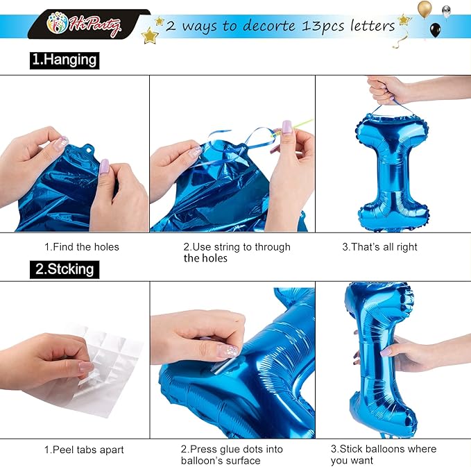 HiParty 23pcs Birthday Balloons Banner, 3D Blue Premium Mylar Foil Ecofriendly Letter Happy Birthday Banner with 5pcs Star Balloons Kits for Kids Boys Men Adults Birthday Party Decorations Supplies