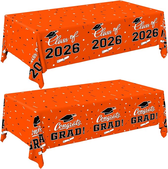 Gatherfun 2026 Graduation Decorations : 2-Pack Congrats Grad Disposable Tablecovers - Class of 2026 Orange Themed Table Cloths, for Graduation Party Supplies & Graduation Backdrop, 54" X 108"