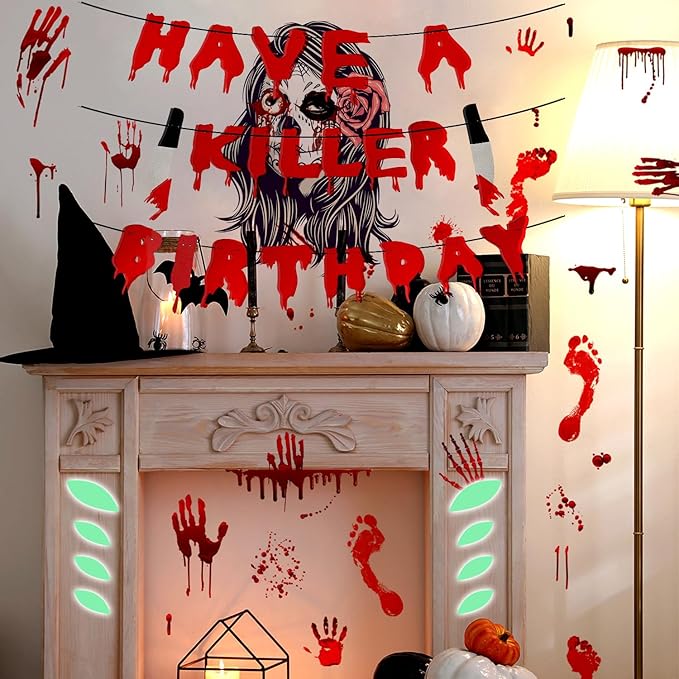 Spooky Party Decorations Set Banner + Night Glow Eye Stickers + Blood Footprint Handprint Floor Clings Decals + Ghost Shadow Toilet Sticker for Halloween Zombie Vampire Party