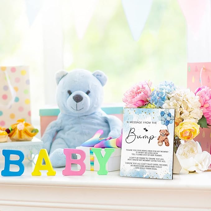 Roowest Cool Baby Shower Tabletop Decoration a Message from the Bump Wooden Baby Shower Games Sign Greenery Cute Gender Reveal Party Thank You Sign, 11.2 x 8.66 Inches(Bear)