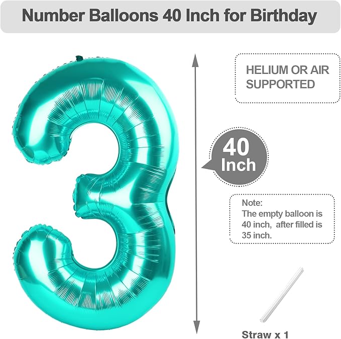 Number 3 Balloon, 40 Inch 3 Balloon for Birthday Party Decoration, Blue-Green Number 3 Ballon for 3, 13, 23, 30 Celebration, Boy and Girl Birthday, Wedding, Anniversary Decor