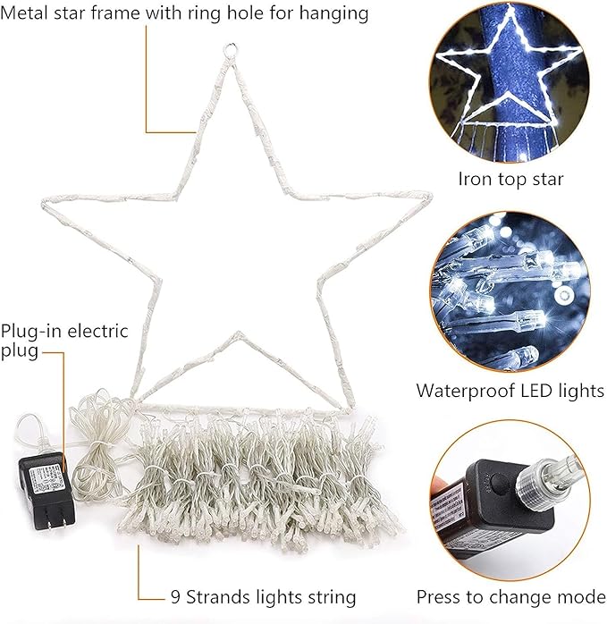 Christmas Decoration Lights, Outdoor Christmas String Lights 320 LED 11.5 Ft Waterfall Tree Light with Big Star Topper 8 Light Modes for Xmas New Year Holiday Garden Yard Indoor Outdoor Decor