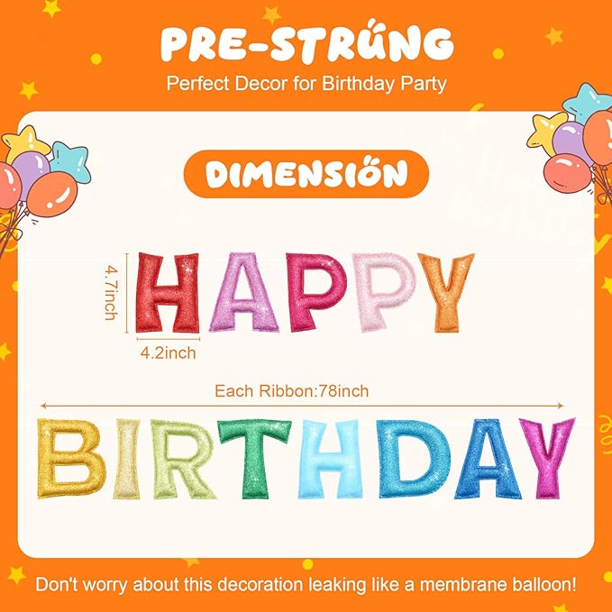 Tegeme Felt Happy Birthday Banner, Pre-strung Glitter Happy Birthday Garland Reusable Colorful Rainbow Decoration for Woman, Man Party Photo Prop(Classic,Yellow-green)