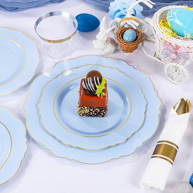 Liacere 350PCS Bule Plastic Plates - Disposable Bule and Gold Plates 50guest Baroque Plastic Dinnerware include 100Plates, 50Pack Pre Rolled Napkins with Silverware 50Cups for Wedding&Mother's Day