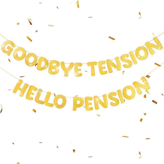 Retirement Banner Pre-Strung GOODBYE TENSION HELLO PENSION Banner Glitter Retirement Party Supplies Decorations for Women Men Office Home Decor (Gold)