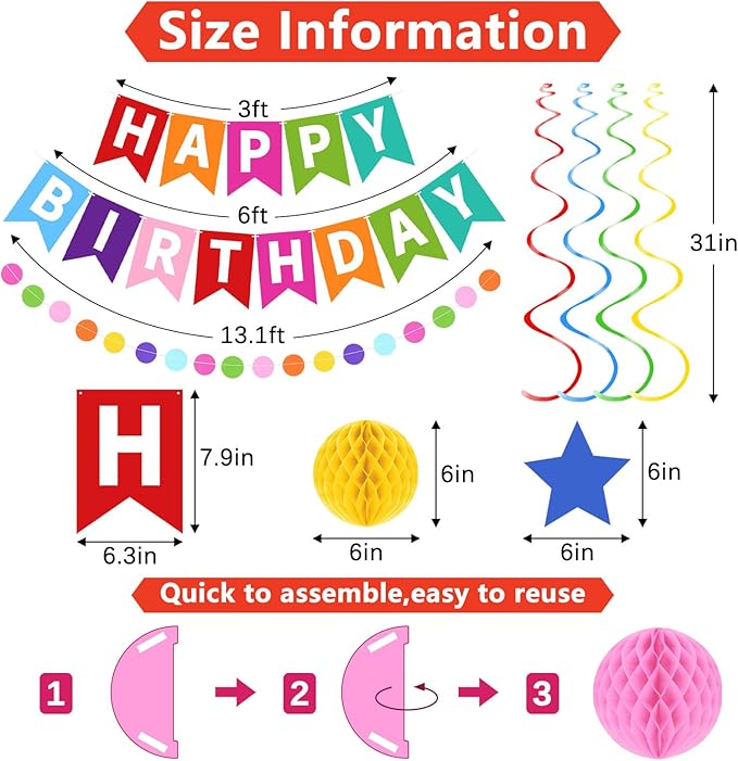 Happy Birthday Banner, Rainbow Birthday Decorations Set with 6 Honeycomb Balls, 8 Star Hanging Swirl Streamers, Circle Dots Garland Perfect for Women, Men, Boys, Girls