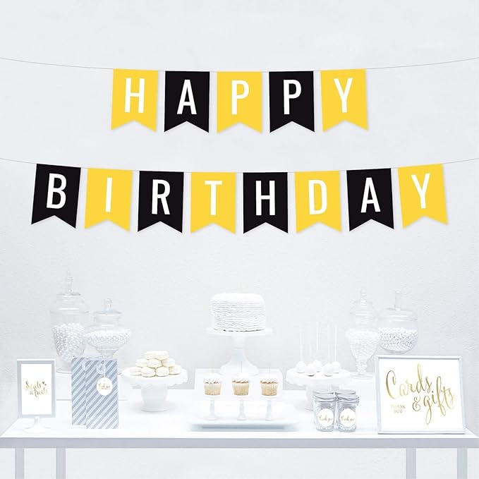 Andaz Press Hanging Pennant Banner Party Decorations, Yellow, Black, Happy Birthday, 1-Pack, Approx. 5-Feet, Bumblebee Bee Construction Themed Decor