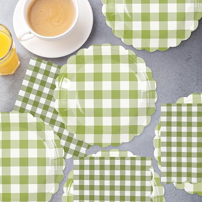 50PCS Sage Green Gingham Party Supplies - 7Inch Sage Green Scalloped Dessert Paper Plates and Napkins Set Disposable Plaid Dinner Party Set Cutlery for Baby Shower Birthday Wedding, Serve 25