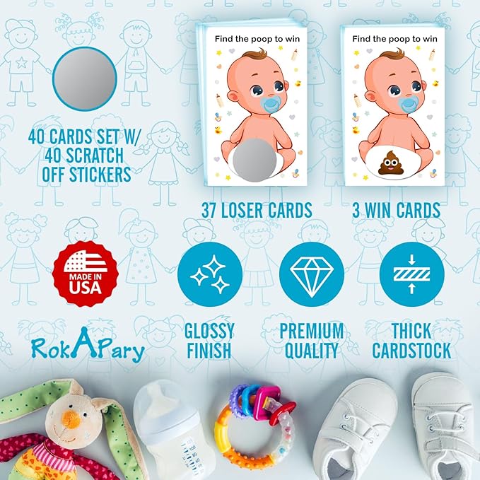 RokAPary Baby Shower Boy Scratch Off Poop Game, Easy to Play Silly Games, Funny Idea, Ice Breaker Activity. Raffle Cards, Blue Pacifier, Set of 40 Cards Made in USA