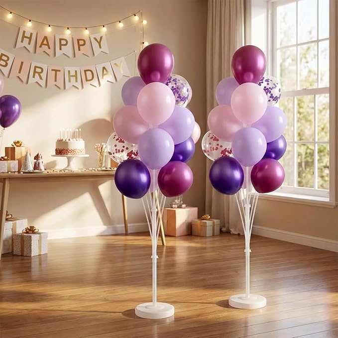 Balloon Column Stand Kit,Set of 2,Metallic&Confetti 12inch Pink Purple Balloons,Adjustable Balloon Sticks Holder with Base,Design for Adults&Children Birthday,Wedding, Baby Shower,Graduation Party
