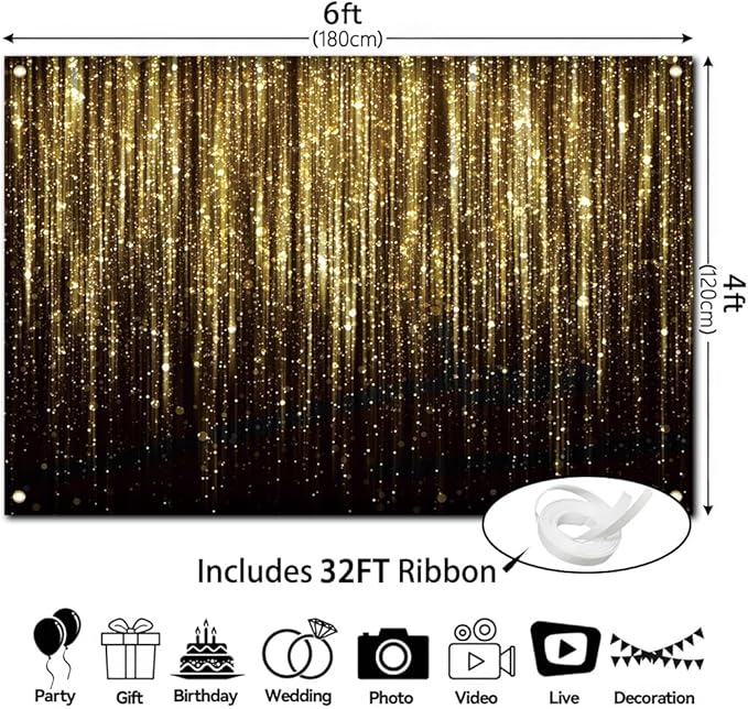 6x4 FT Black and Gold Glitter Bokeh Dots Photography Background Flowing Flash Photo Backdrop Baby Shower Newborn Birthday Happy New Year Party Banner Decorations Supplies Polyester