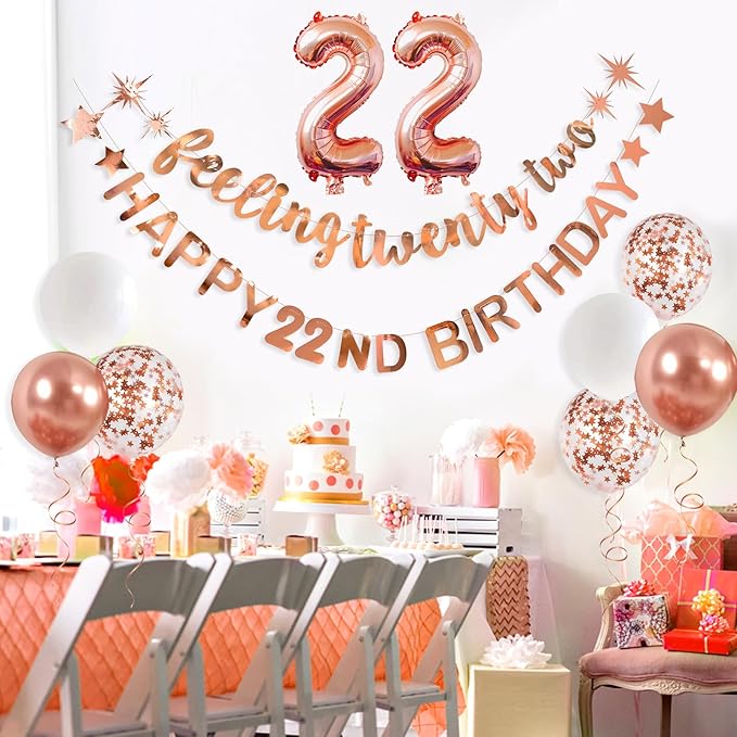 Rose Gold 22nd Birthday Banner, Garland, Foil Balloon, Decorations, Hanging, Cheers to 22 Years Old Party Supplies Backdrop