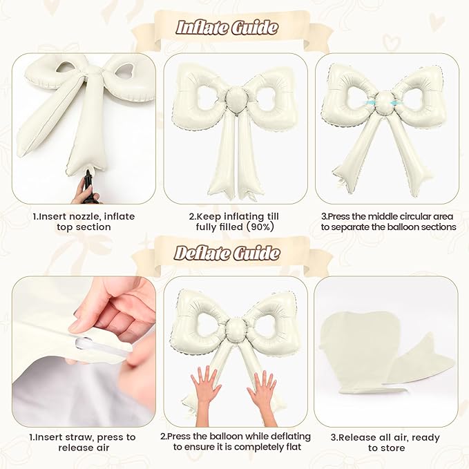 Cream Heart Balloons, 38 Inch Bow Balloons, Double Stuffed Pearl White Balloon with Bow Ribbons for Neutral Birthday Anniversary Wedding Bridal Baby Shower Valentines Day Decorations