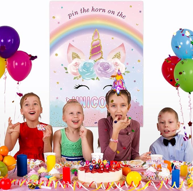 Pin The Horn on The Unicorns Party Game with 24 PCS Horn and Eye Mask for Kids Girls Birthday 21'' x 28'' (Unicorns)