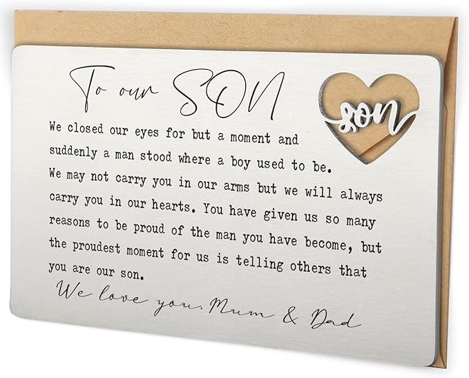 YODOCAMP To Our Son Wallet Insert Card from Mom and Dad, Stainless Steel Laser-Engraved Postcard with Heart Cutout, Inspirational Message Gift for Son Birthday Graduation from Parents QBK02