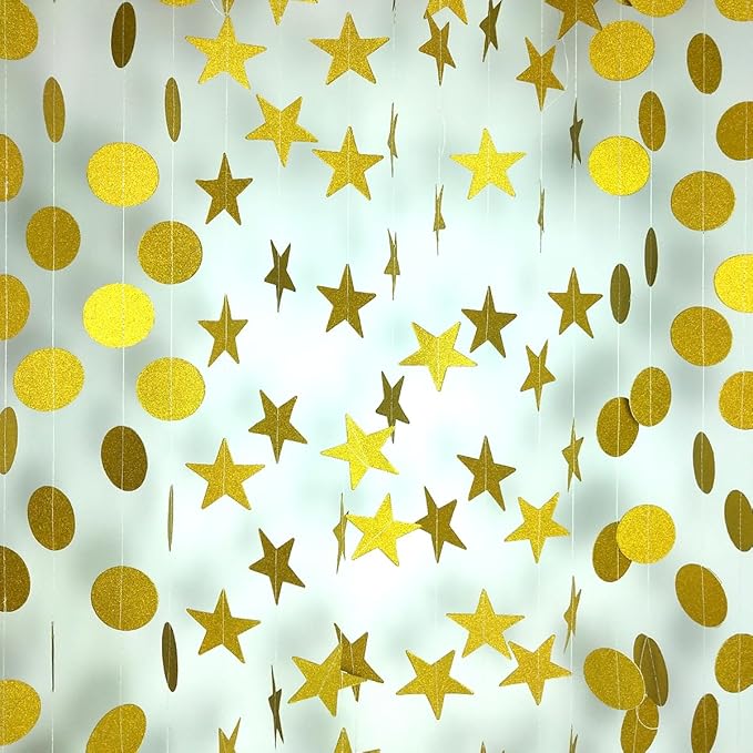 Party Decorations 52 Ft Big Star Garland Circle Dots Garland Paper Backdrop Streamer for Graduation Birthday Bachelorette Engagement Wedding Bridal Shower Baby Shower (Gold)