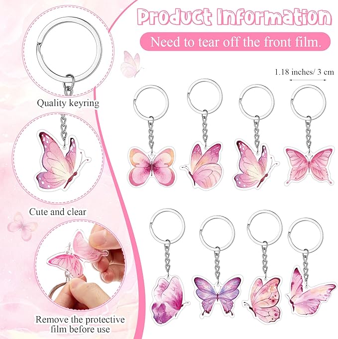 Highergo 100 Pcs Baby Shower Party Favors Bulk 50 Animal Keychains 50 Ballpoint Pens with Thank You Cards Gender Reveal Gift for Guest Baby Shower Souvenir Prize(Butterfly)