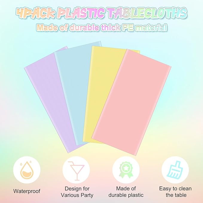 4Pcs 84 Inch Round Pastel Tablecloths, Mix Color Plastic Tablecloth Disposable Round Table Covers for Baby Shower,Bridal,Wedding,Easter,Birthday and Ice Cream Party Decorations