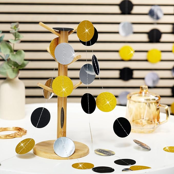 Syhood 10 Pcs Party Decorations Paper Dot Circle Garlands Glitter Streamers Hanging Banner Decor for New Year Baby Shower Wedding Birthday Backdrop Supplies (Black Gold and Silver)