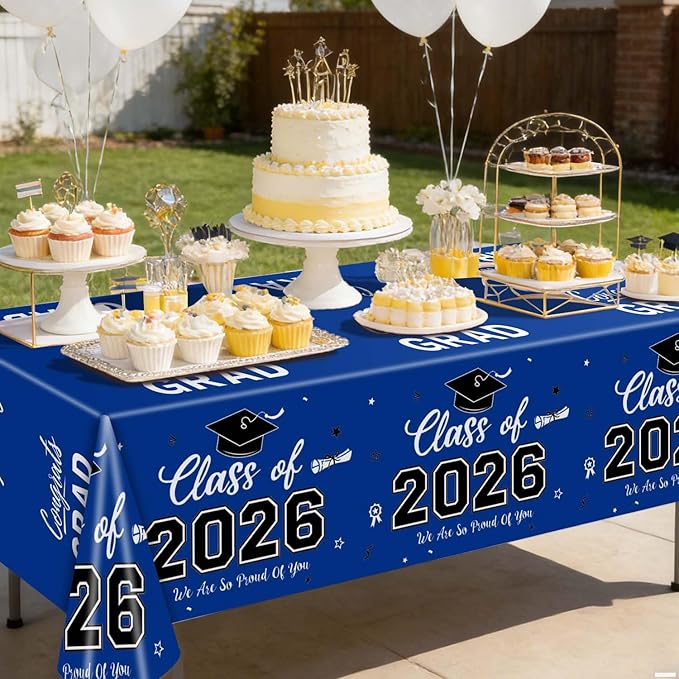 Oigco 2026 Graduation Decorations, 2 Pack Blue Graduation Tablecloths Class of 2026, Congrats Grad Plastic Rectangle Table Cloths for Graduation Party Decorations, 54 x 108 Inch