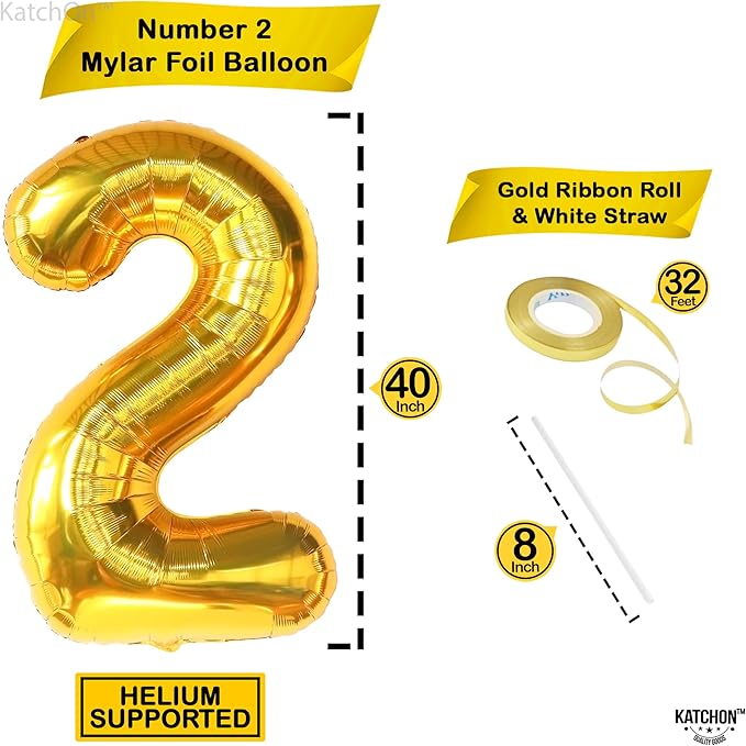 KatchOn, Gold Number 2 Balloon - Big 40 Inch | Gold Two Balloon, 2 Year Old Decorations Boy | 2nd Bdy Decorations | 2 Birthday Balloons, Two Wild Birthday Decoration