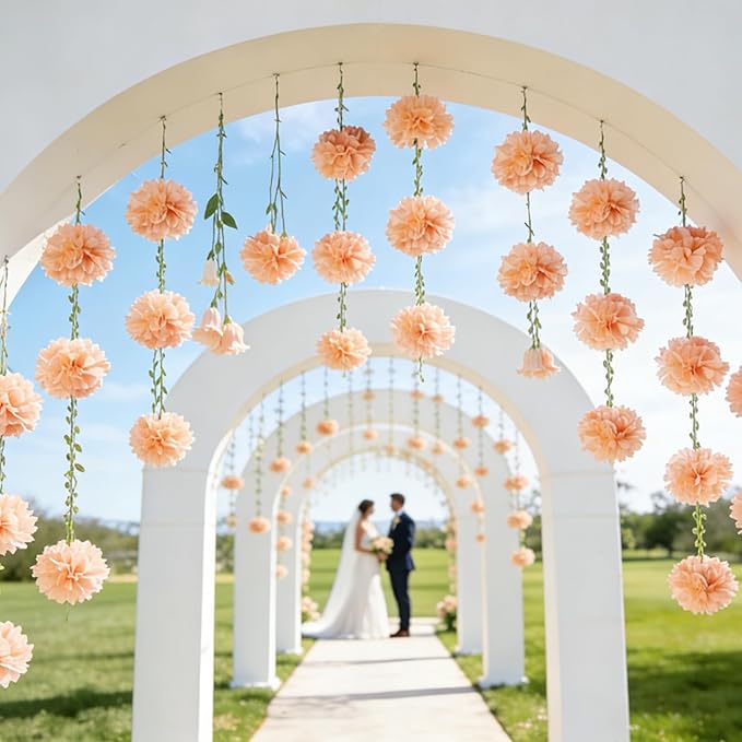 Sahoottie 2 Pcs Blush Pink Hanging Paper Flower Garland, 8.2 FT Single Color Tissue Paper Flower Garland, Blush Pink Pom Pom Garland for Boho Wedding Backdrop Bridal Shower Bedroom Wall Decor