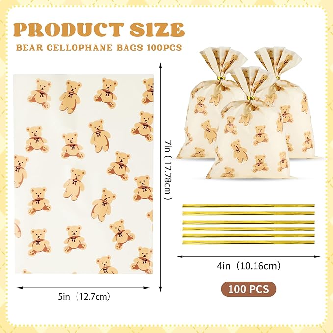 Docvania Bear Cellophane Treat Bags Plastic Gift Bag 100 pcs 5 X 7 Bear Cookie Bags with Ties Goodie Candy Bag Suitable for Mother's Day, Valentine's Day, and Holiday Parties