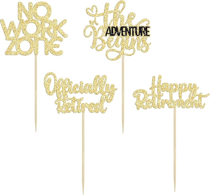 24Pcs Happy Retirement Cupcake Toppers Officially Retired Cake Toppers No Work Zone Adventure Begins Cupcake Picks Retirement Theme Farewell Birthday Party Cake Decorations Supplies Gold