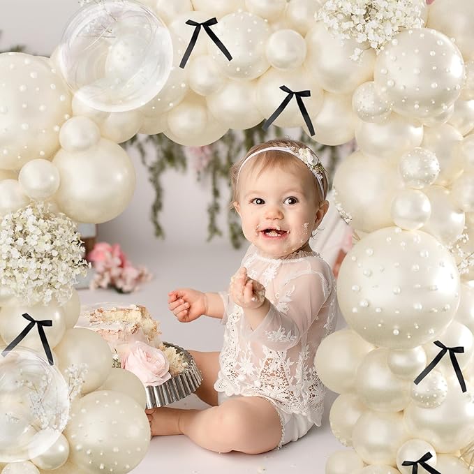 Double Stuffed Pearl Balloon Arch Kit,229Pcs Bow Balloon Arch Kit with Pearl Sticker Bubble Balloons Ribbon Bow for Coquette Bow Theme Birthday Baby Shower Wedding Bachelorette Bridal Shower Party