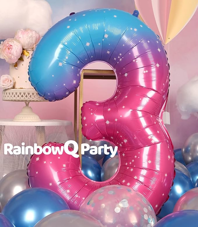 Number 3 Balloon 40 Inch for Boy or Girl Big Starry 0-9 Foil Mylar Large 3 Number Balloon Happy 3rd Birthday Party Anniversary Decorations Supplies