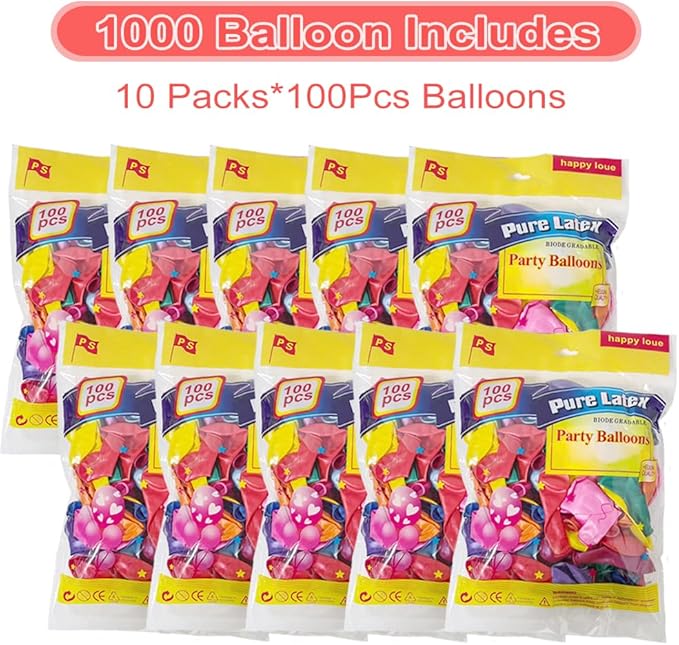1000 Pcs Balloons Assorted Color, 10 Inch - 12 Rainbow Color Latex Party Balloons for Birthday Graduation Wedding Party Supplies Arch Garland (Multicolor, 1000 pcs)